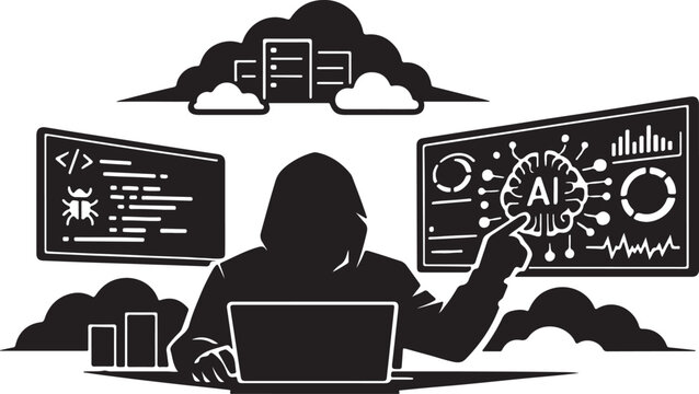 Cybersecurity Hacker Using AI Cloud Computing Dashboard Silhouette
