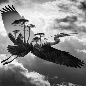 Double Exposure of Flying Heron with Pine Forest Landscape and Dramatic Cloudy Sky.