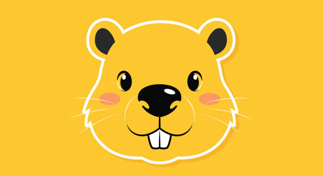 Cute beaver face with two large front teeth and pink cheeks, illustrated in a friendly cartoon style on a bright yellow background for kids designs.