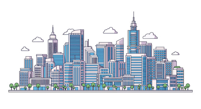 Expansive city skyline illustration featuring a variety of skyscrapers, clouds, and small trees along the base in a clean line style.