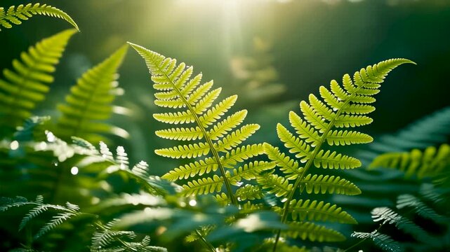 Close-up of vibrant green fern fronds catching the warm glow of the morning sun, creating a serene natural scene
