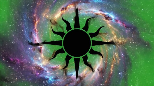 Mysterious Black Sun Symbol with Cosmic Nebula on Green Screen - A striking black sun symbol, detailed with a subtle green outline, is centrally positioned against a vibrant, swirling cosmic nebula.