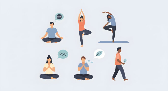 Mindfulness and meditation practices for well-being. Diverse people engaging in yoga, breathing exercises, and self-reflection for mental health and inner peace.