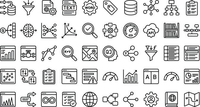 Search query optimization outline icon collection with ranking analytics filtering and data retrieval workflow symbols for app design