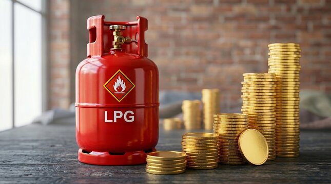 Red LPG gas cylinder with flame symbol beside stack of gold coins showing price increase.