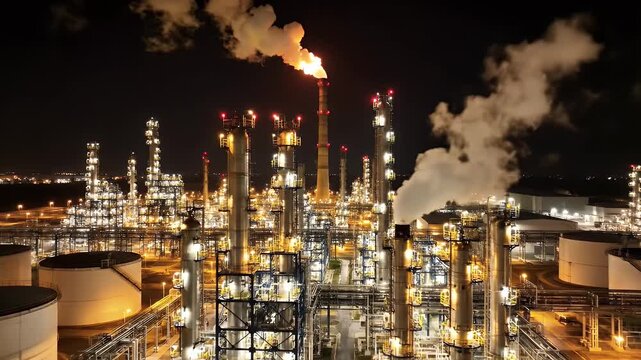 Oil Refinery Operations at Night - An extensive industrial oil refinery complex glows brightly at night, illuminated by numerous lights across its intricate network of pipes, towers, and storage