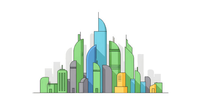 Modern City Skyline Vector Illustration with colorful minimalist buildings and skyscrapers in a clean flat design style, ideal for urban development.