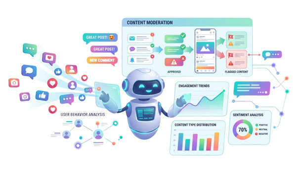 Futuristic AI social media analytics vector with user engagement tracking and content management