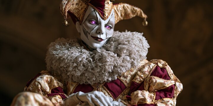 White faced jester standing with lace ruff in grand interior