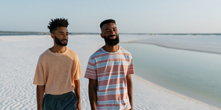 Two men standing on sandy beach near tidal pool shoreline
