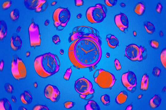 Floating Alarm Clocks Neon Duotone JPEG Illustration Pattern Dark Background Retro Vintage Timepiece Psychedelic Pop Art Time Concept Design
