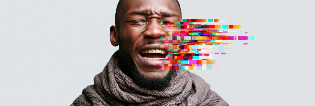 Man with digital pixelation over face expressing emotion in studio