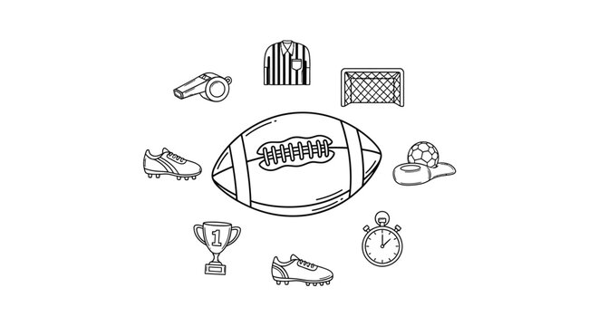 American Football Hand Drawn Icon Set with Equipment and Accessories.
