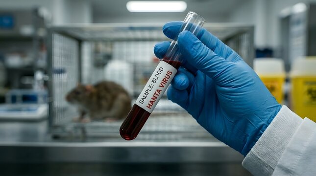 Medical researcher in a mask and gloves showing a Hanta Virus specimen container in a lab with caged rodents, perfect for public health awareness, epidemiology, and virus outbreak research