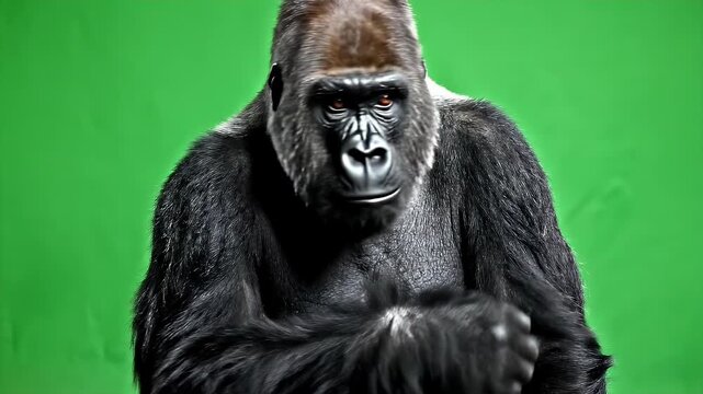 Silverback Gorilla Portrait on Green Screen - A detailed portrait of a magnificent silverback gorilla is captured against a vibrant green screen background.