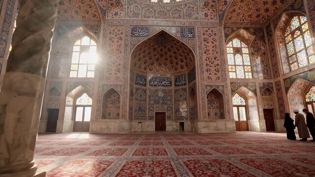 Sunlit Prayer Hall of Nasir Ol Molk Pink Mosque in Shiraz Iran - The majestic interior of the Nasir Ol Molk Mosque, also known as the Pink Mosque, in Shiraz, Iran, is bathed in natural sunlight