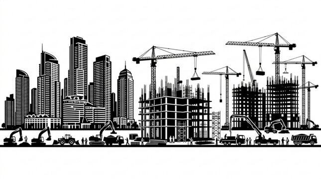 City construction site with cranes and skyscrapers skyline architecture design urban cityscape construction view