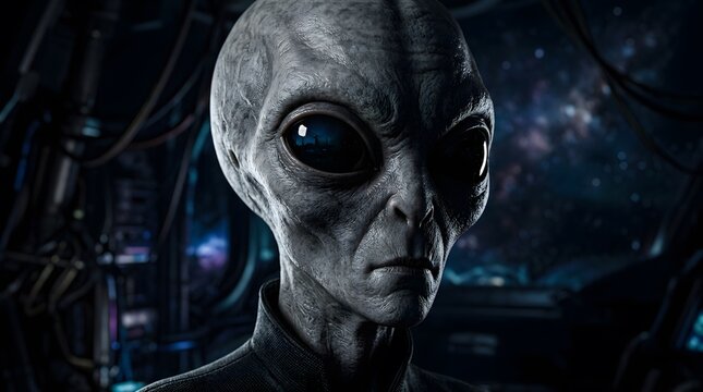 Hyper-detailed extraterrestrial creature portrait with big dark eyes and grey skin, designed for World UFO Day marketing, science fiction book covers, and interstellar discovery illustrations