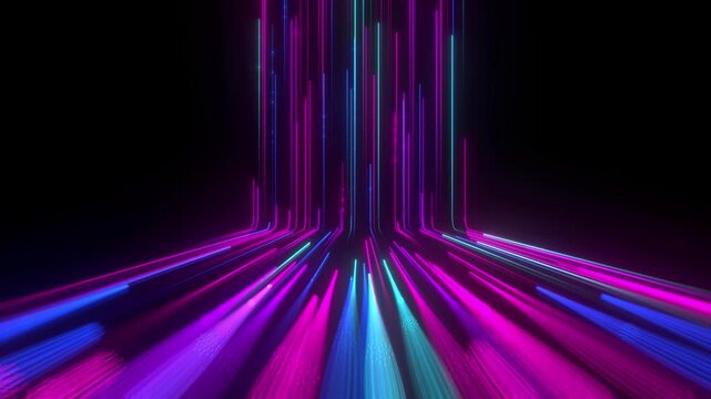 Neon purple and blue light paths rushing toward the viewer in a dark space evoking feelings of digital transformation and cyberspace speed