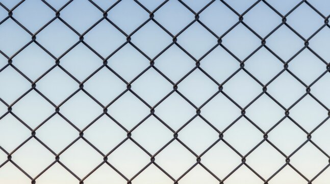 Close-up of shiny metal wire mesh fence with diamond pattern. Creates textured background of interlocking geometric shapes against pale blue sky. Good for security or industrial themes.