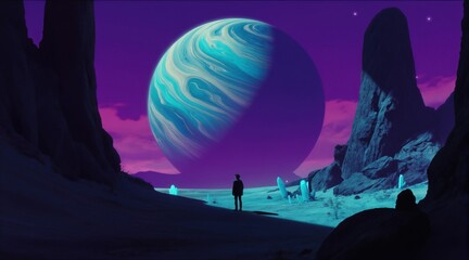 Fototapeta premium Lone person stands on alien planet looking at giant gas planet. Surreal landscape with purple sky and glowing crystals. Astronaut explores new world, distant future adventure.