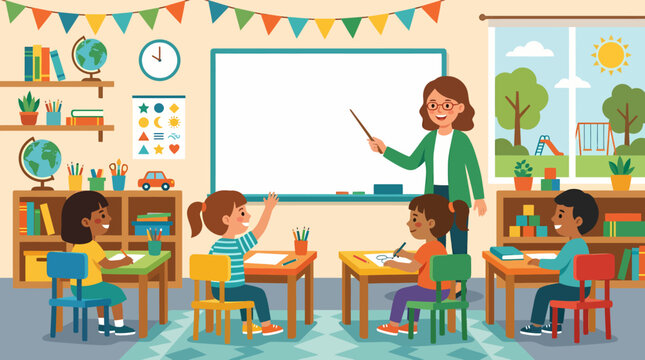 Teacher instructing diverse students in a vibrant classroom setting.