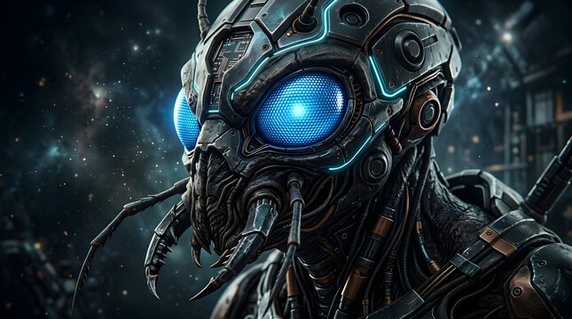 Menacing insectoid alien warrior with glowing blue compound eyes and mechanical cybernetic armor, ideal for World UFO Day, sci-fi horror movies, and futuristic extraterrestrial concepts