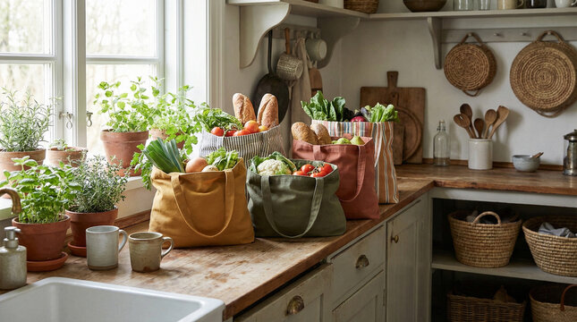 Soft Lit Reusable Shopping Bags in Kitchen. Wide lifestyle shot of colorful canvas shopping bags on kitchen counter, soft window light, cozy sustainable home atmosphere