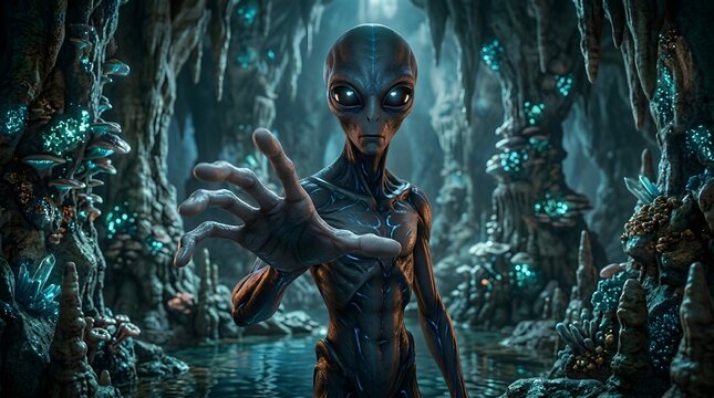 Grey alien standing in a glowing bioluminescent cave with crystals and mushrooms, reaching out with one hand, perfect for World UFO Day, sci-fi fantasy, and extraterrestrial adventure themes