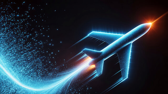 A sleek rocket ship blasts off into the dark night sky with vibrant blue and orange lights.