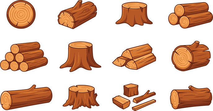 Set of Wood Logs and Tree Stumps Vector Illustrations for Lumber Industry, Forestry Concepts, Camping Graphics, Woodworking Designs, and Nature Themed Apps