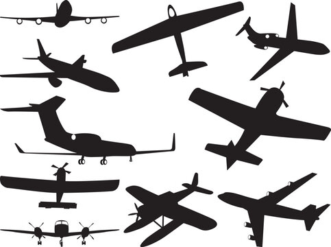 Collection of Various Historical Military and Civilian Aircraft Silhouettes in Black Vector Design
