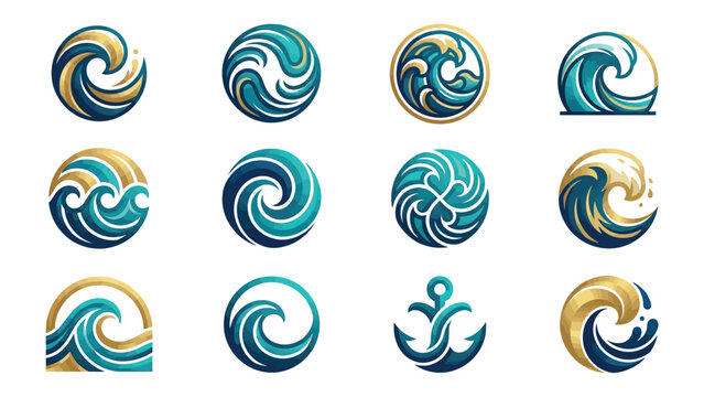 Collection of ocean wave and anchor icons.