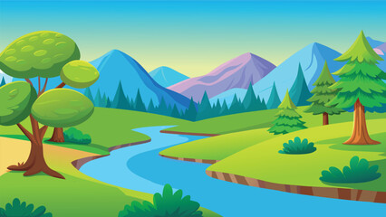Obraz premium Beautiful cartoon nature landscape with a blue river flowing through green hills and mountains Vector