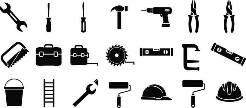Black and white construction tools vector icon bundle with wrench screwdriver hammer drill pliers toolbox saw ladder helmet and repair equipment