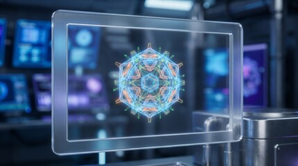 Fototapeta premium 3d virus particle displayed on transparent digital screen in laboratory setting