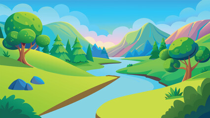 Obraz premium Beautiful cartoon landscape with a flowing blue river through green hills and mountains Vector