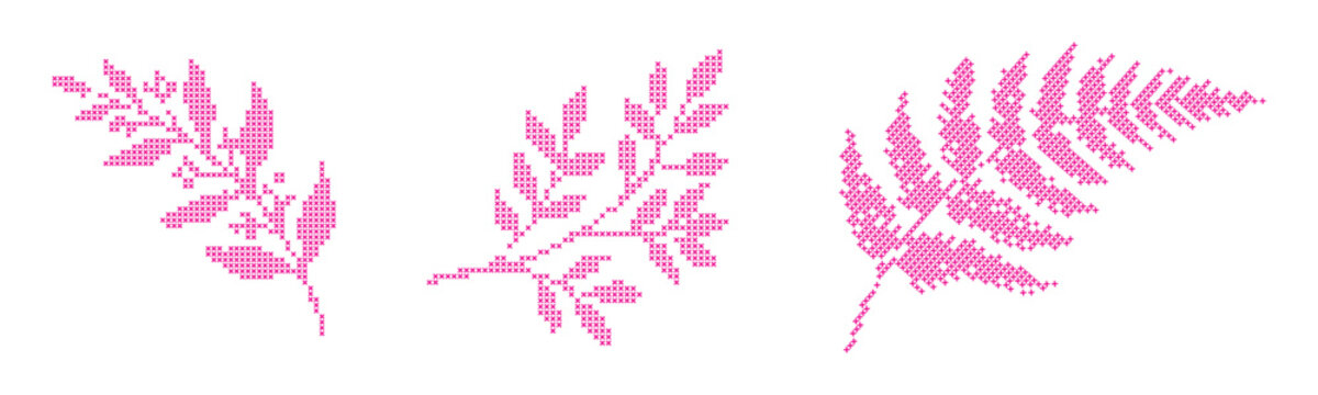 Pink fern leaves with a cross stitch pattern vector set