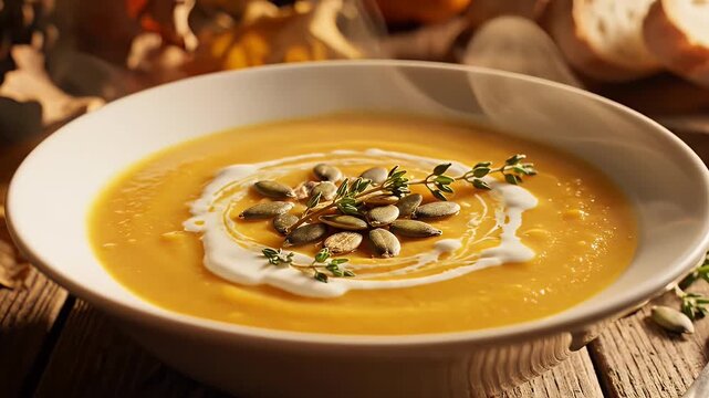 Creamy Pumpkin Soup in a Bowl - A close-up shot of a creamy, vibrant orange pumpkin soup served in a white bowl.