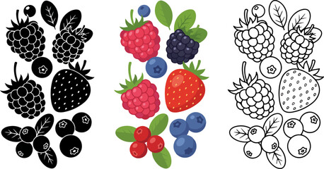 Collection of colorful and graphic berry illustrations for food and healthy lifestyle themes © MSTSENOARA