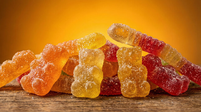 Colorful Gummy Candies Close-Up with Soft Golden Light. Macro shot of translucent gummy bears and worms showing detailed sugar texture, warm amber backlight creating jewel-like glow