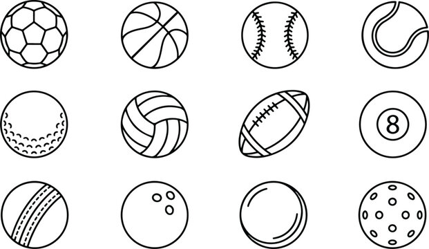 Collection of diverse sport balls and game equipment rendered as line art icons on a white background