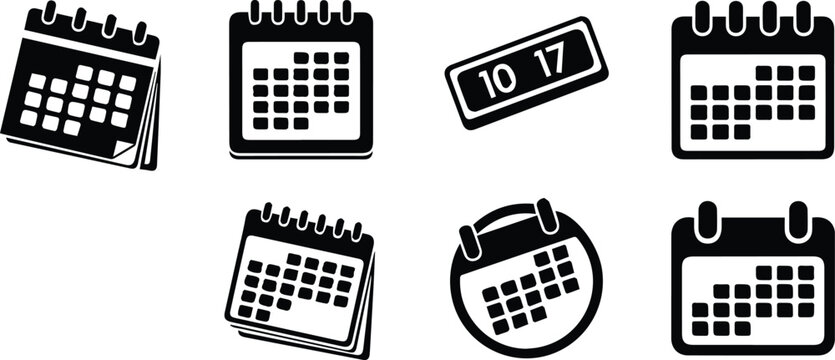 Black and white calendar date icon collection with monthly planner schedule agenda day marker and appointment symbol silhouettes for business organization design