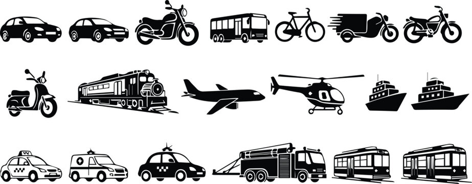 Black and white transportation icon collection with cars buses trains airplanes helicopters ships taxis ambulances and scooters for travel mobility silhouettes