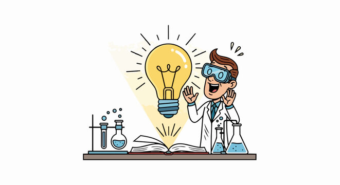 Scientist with virtual reality headset exploring light bulb invention concept. Creative illustration of innovation and discovery. Vector design for science education and technology branding.