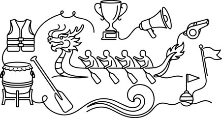 Collection of stylized black and white line art icons representing elements of a dragon boat race event and celebration © MSTSENOARA