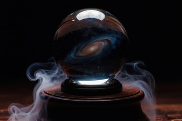 Fototapeta premium Crystal ball rests on wooden stand showing galaxy within. Wisps of smoke curl around sphere. Represents future telling astrology mysticism or scientific discovery concept.