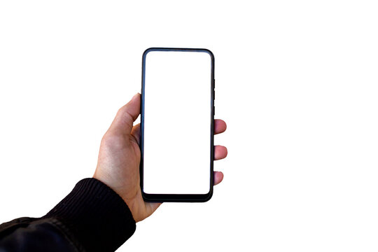Hand holding smartphone with blank white screen, digital mockup for mobile app advertising, transparent background
