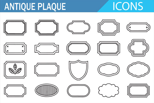 Antique plaque icons set with vintage decorative frames and labels