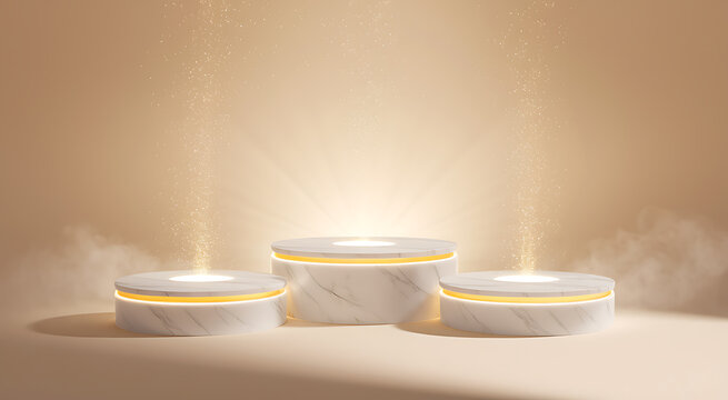Three elegant marble podiums with golden light and sparkling particles for luxury product presentation